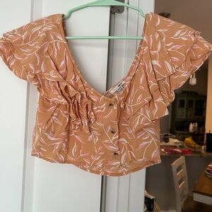 Floral Ruffle Button-Down Top - Tan
